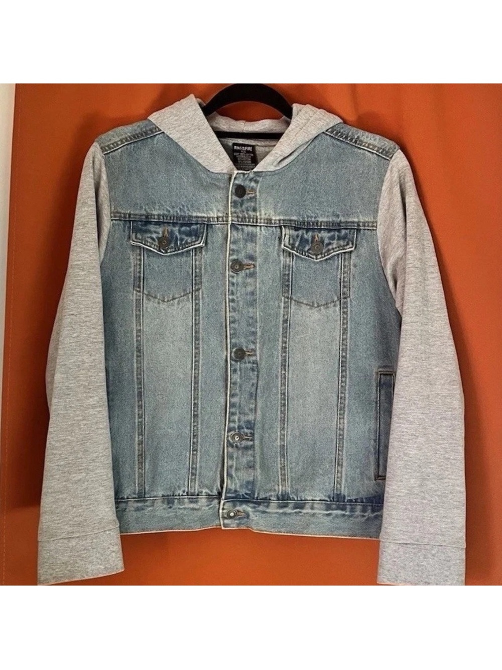 Ring of Fire Light Blue Denim Jacket with Gray Hood Boys X-large